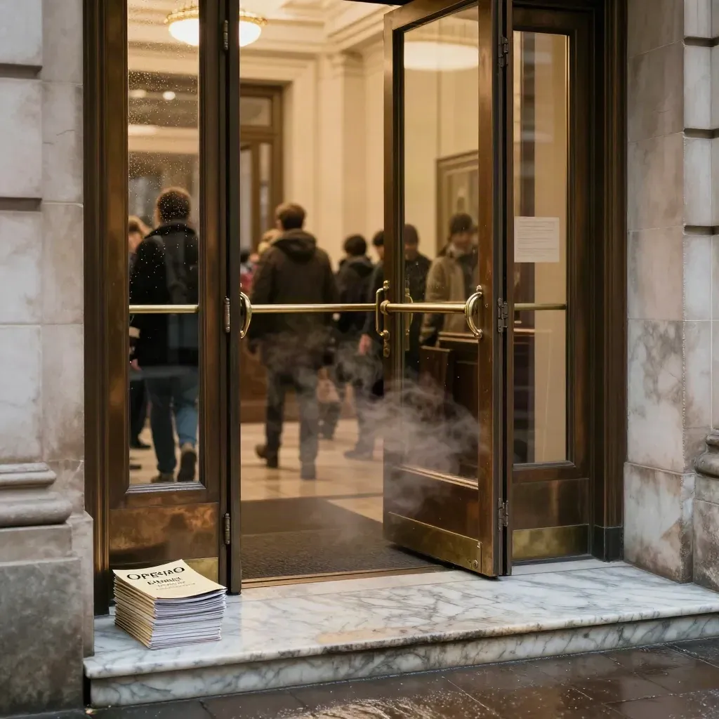 Rain-damp Coliseum foyer doors with folded programmes and warm light after visitors pass through