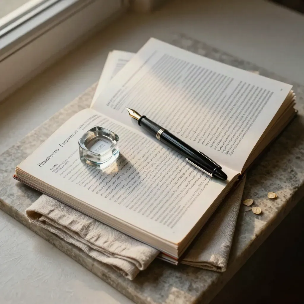 Overhead opera programme, pen, linen and glass paperweight on limestone tray, soft window light.
