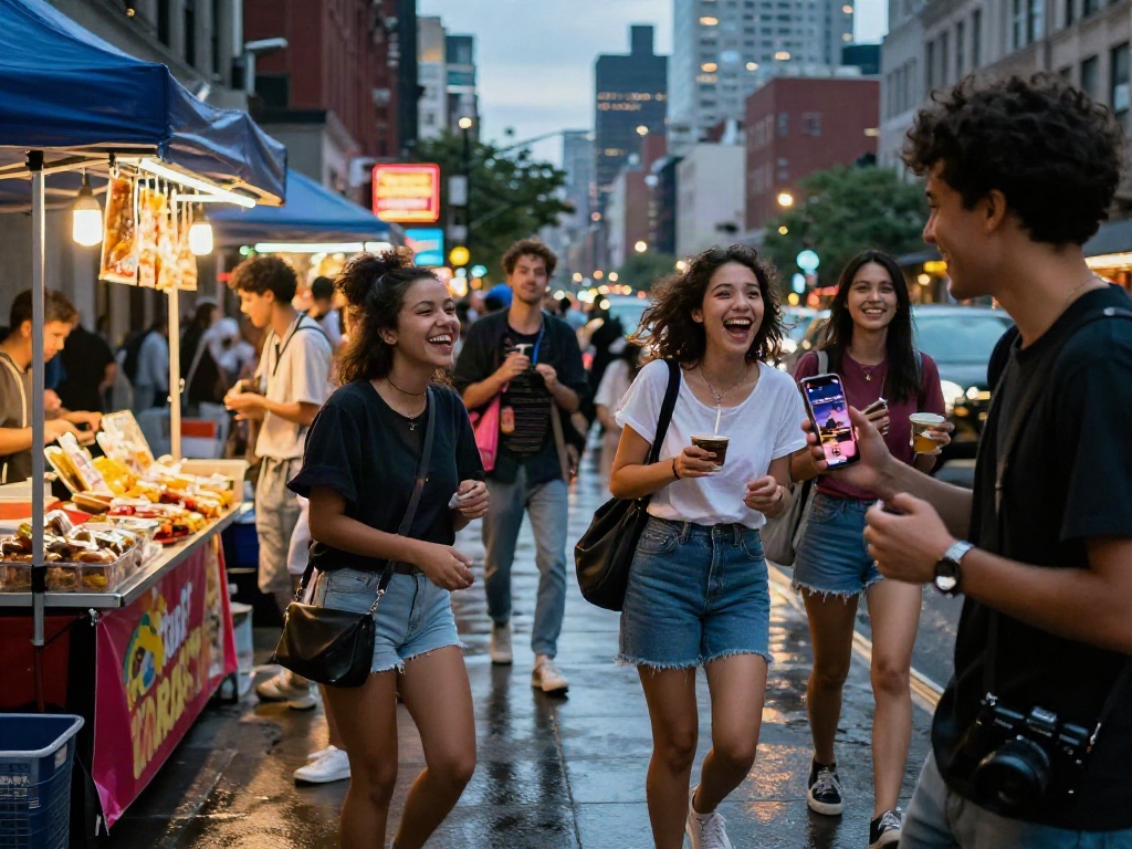 Friends engaging with nsfw content on a smartphone in a lively urban atmosphere.